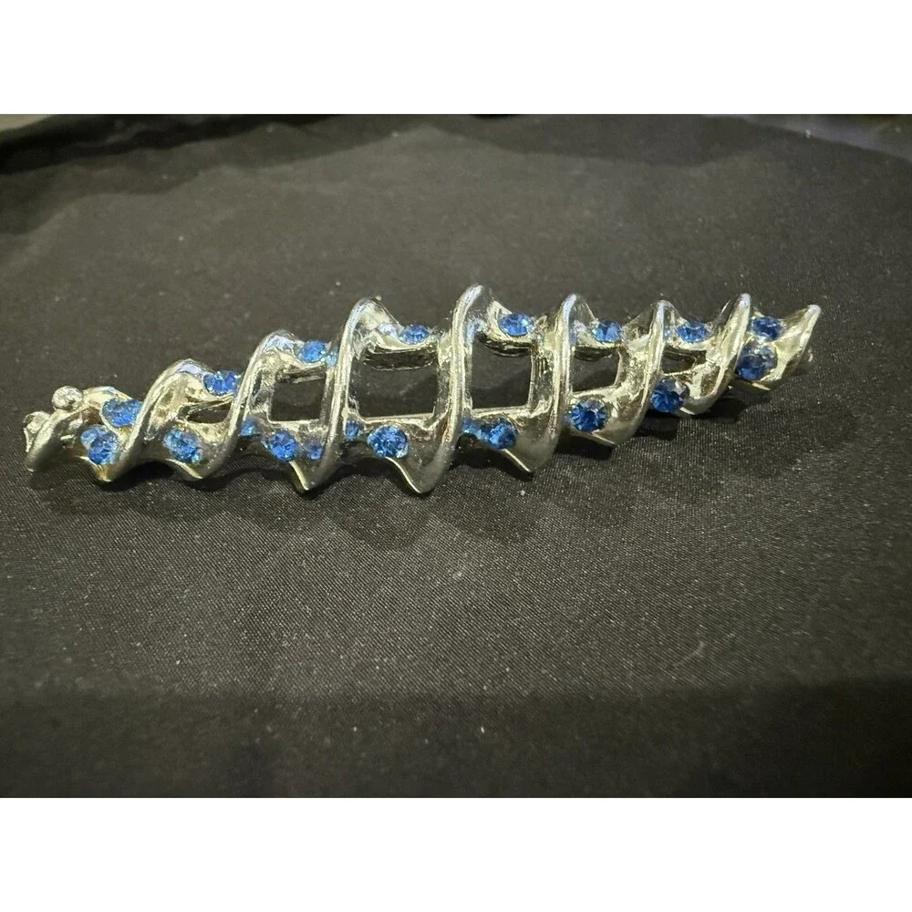 Vintage Silver Tone Spiral/Screw Brooch Pin Brilliant Blue Rhinestones Costume